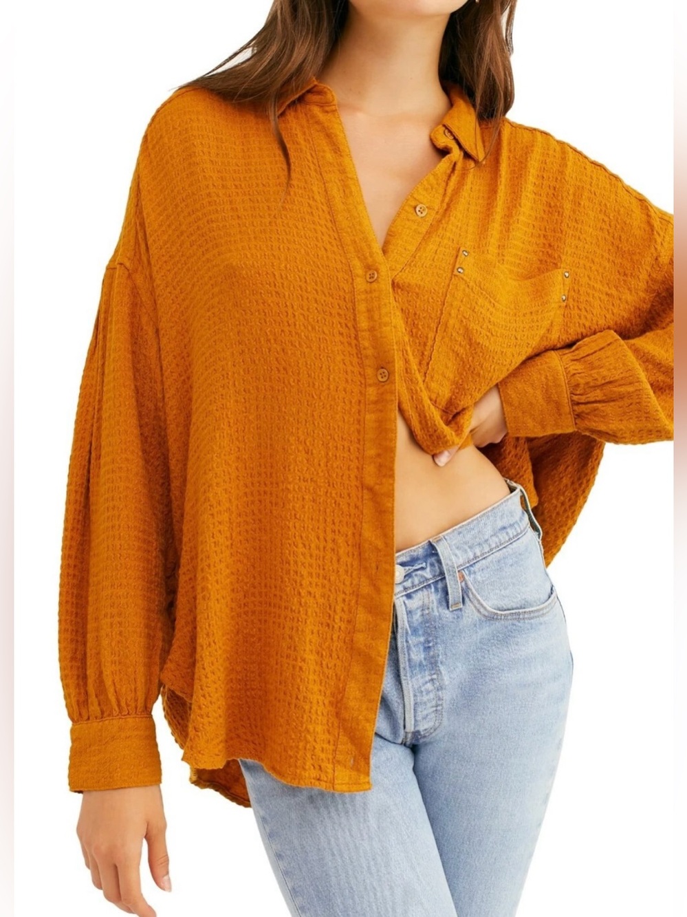We The Free Mustard Yellow Waffle Knit Oversized Button-Down Shirt - Size M